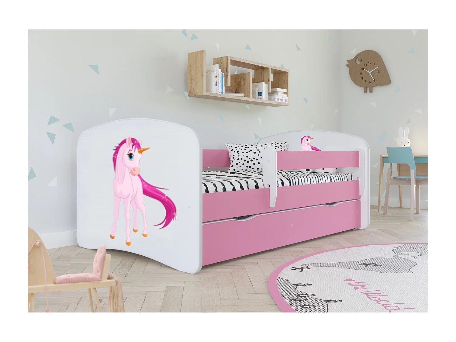 Lit enfant rose Licorne avec sommiers et barrière de sécurité amovible Drimy-Matelas mousse-80x180