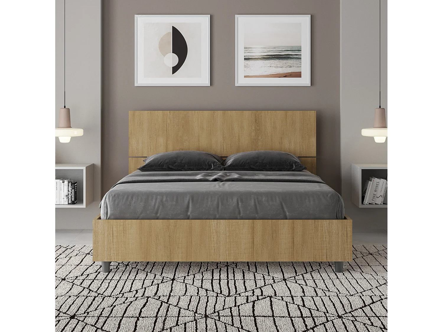 Lit double sans sommier 140x200 tête de lit droite chêne nature Demas