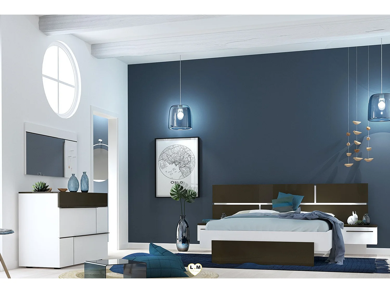 Lit laqué blanc et anthracite avec éclairage à tête de lit à effet graphique Kido 180x200