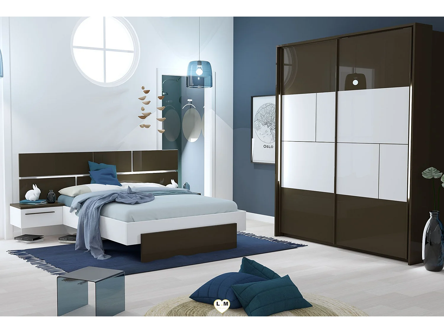 Lit laqué blanc et anthracite avec éclairage à tête de lit à effet graphique Kido 180x200