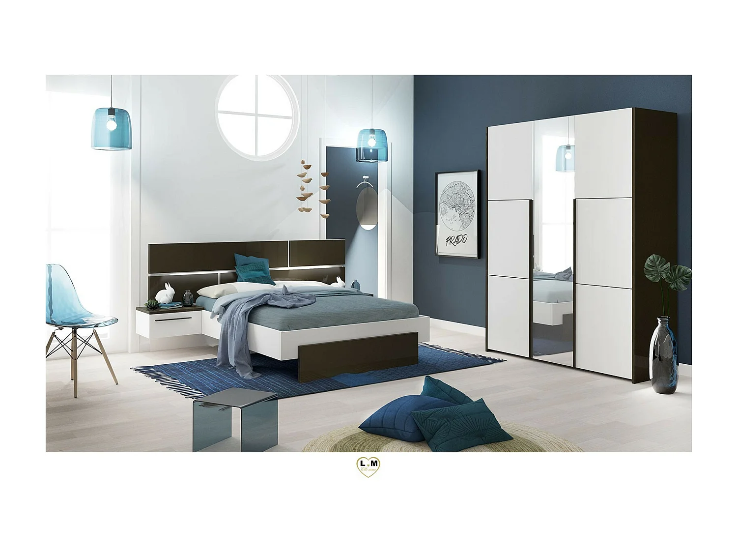 Lit laqué blanc et anthracite avec éclairage à tête de lit à effet graphique Kido 180x200