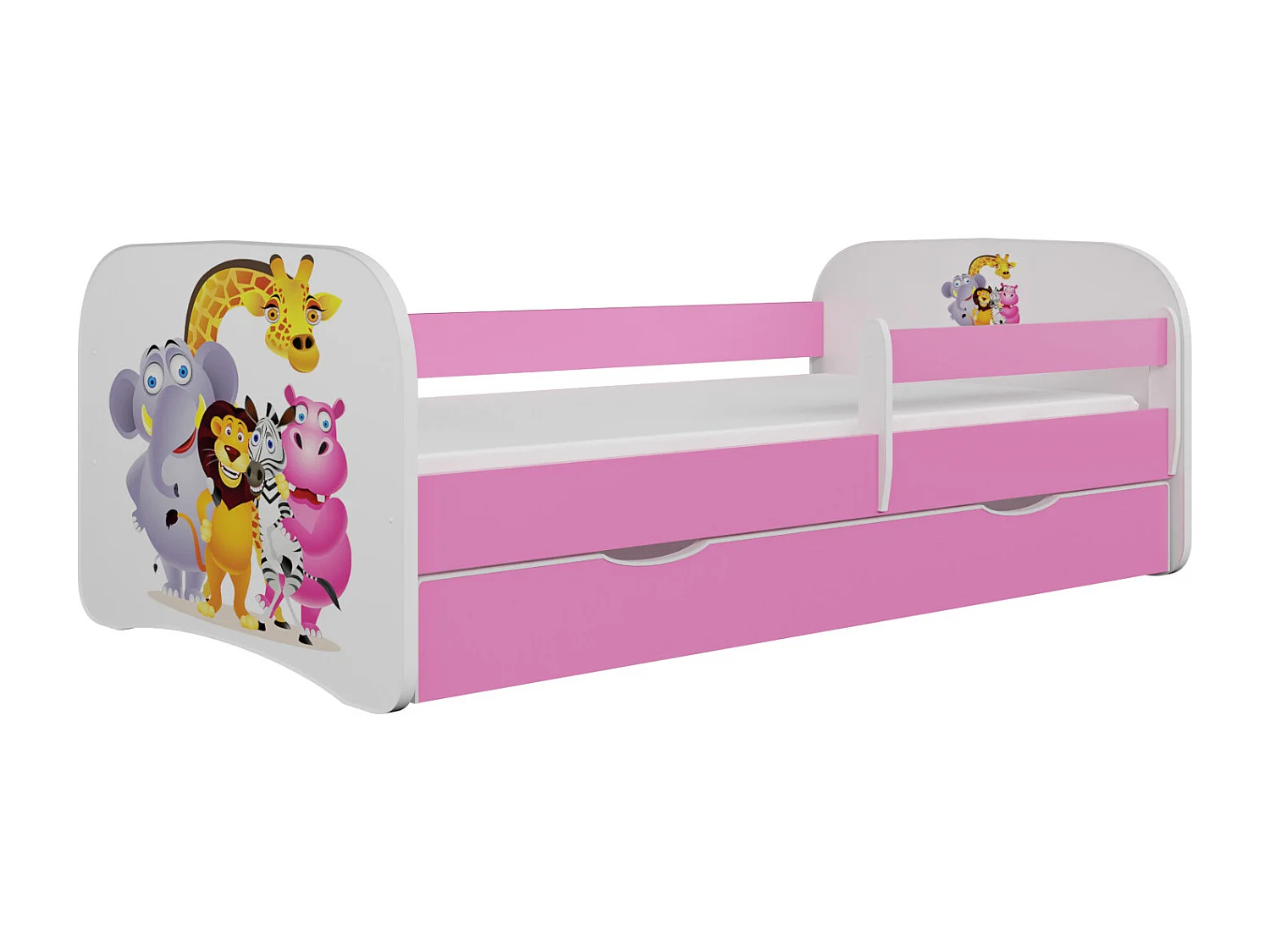 Lit enfant rose Zoo avec sommiers et barrière de sécurité amovible Drimy-70x140