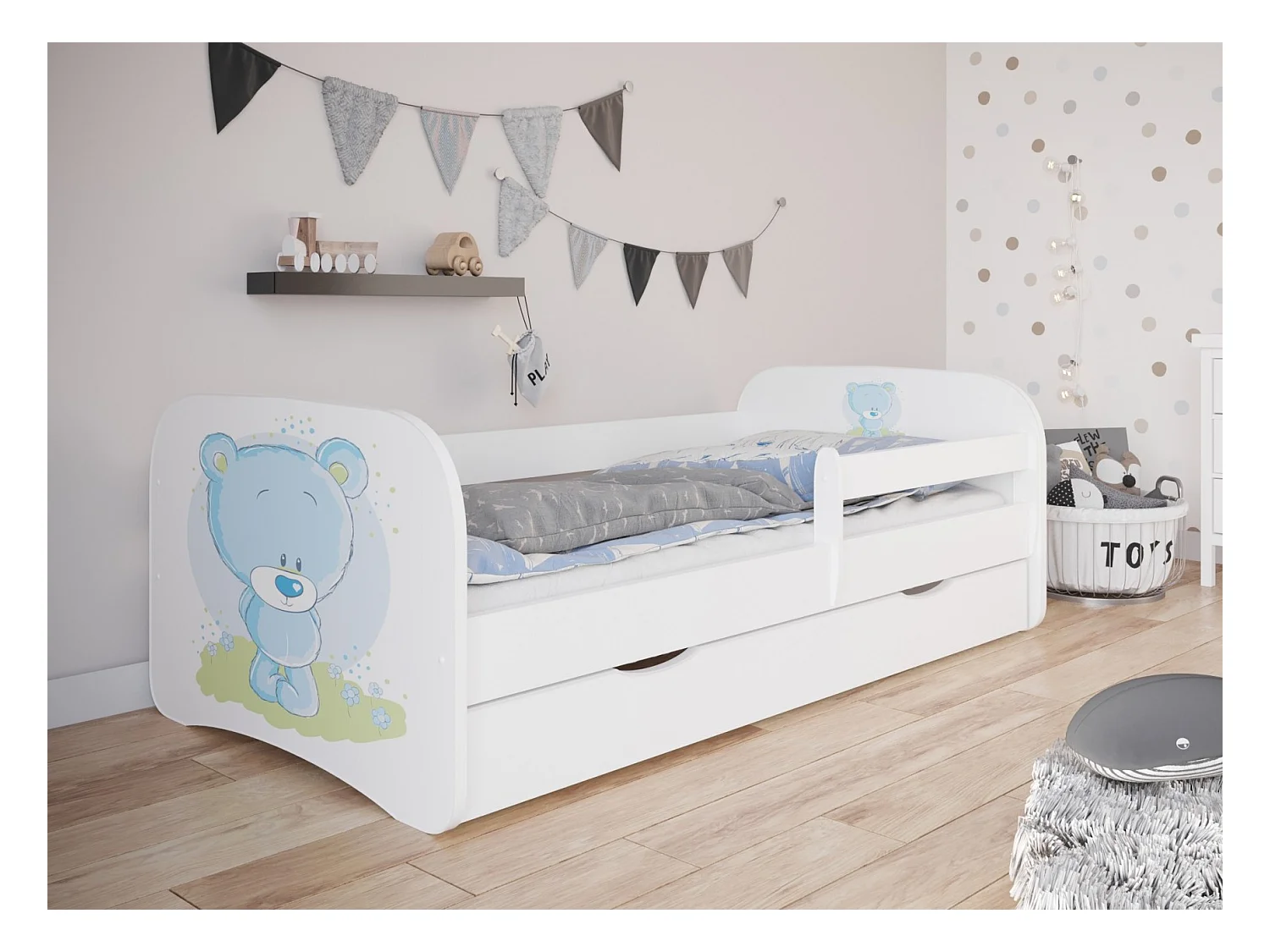 Lit enfant nounours avec sommiers et barrière de sécurité amovible Drimy-Matelas mousse-70x140-Tiroirs Avec tiroir