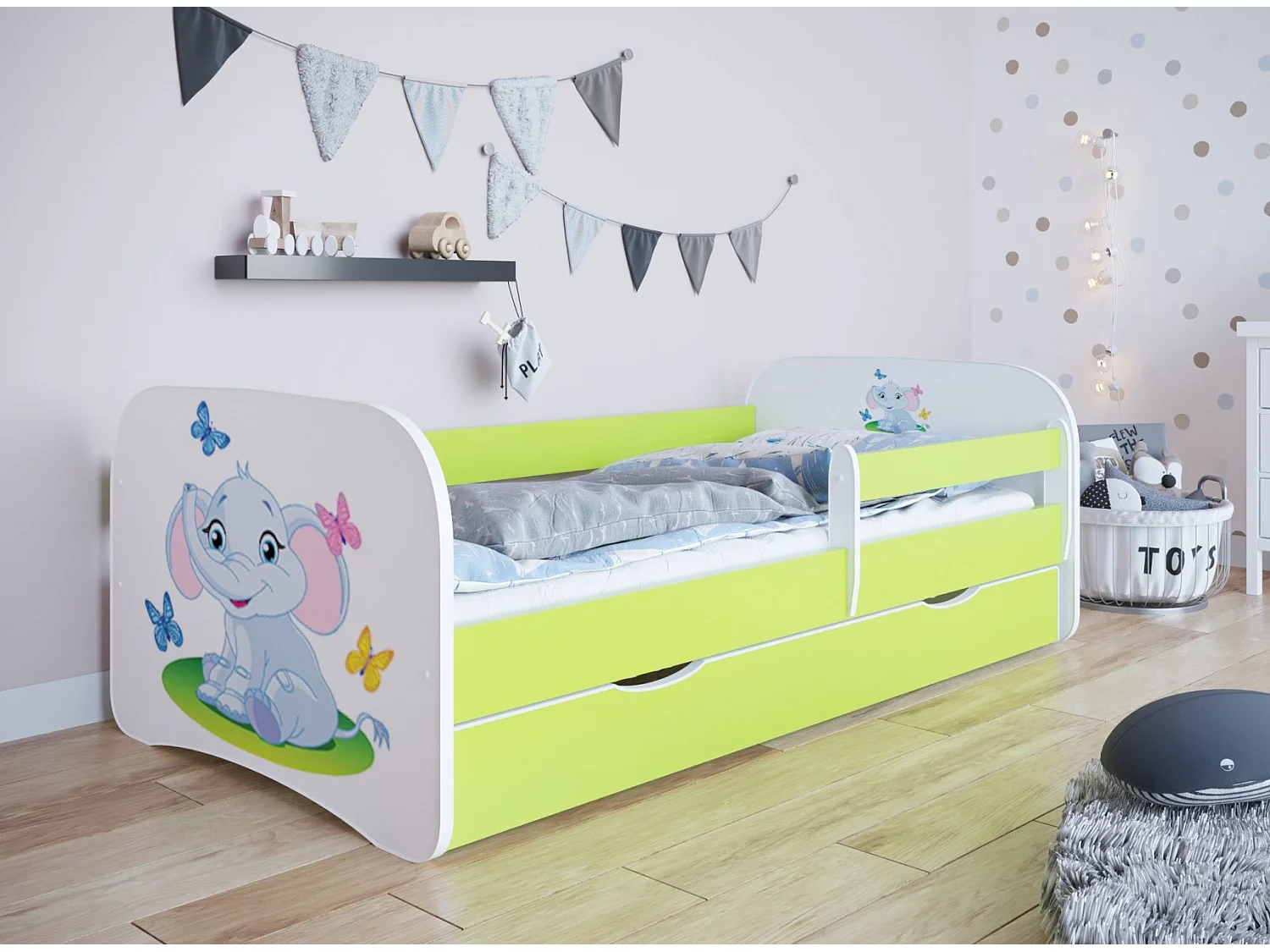 Lit enfant vert petit éléphant avec sommiers et barrière de sécurité amovible Drimy-70x140