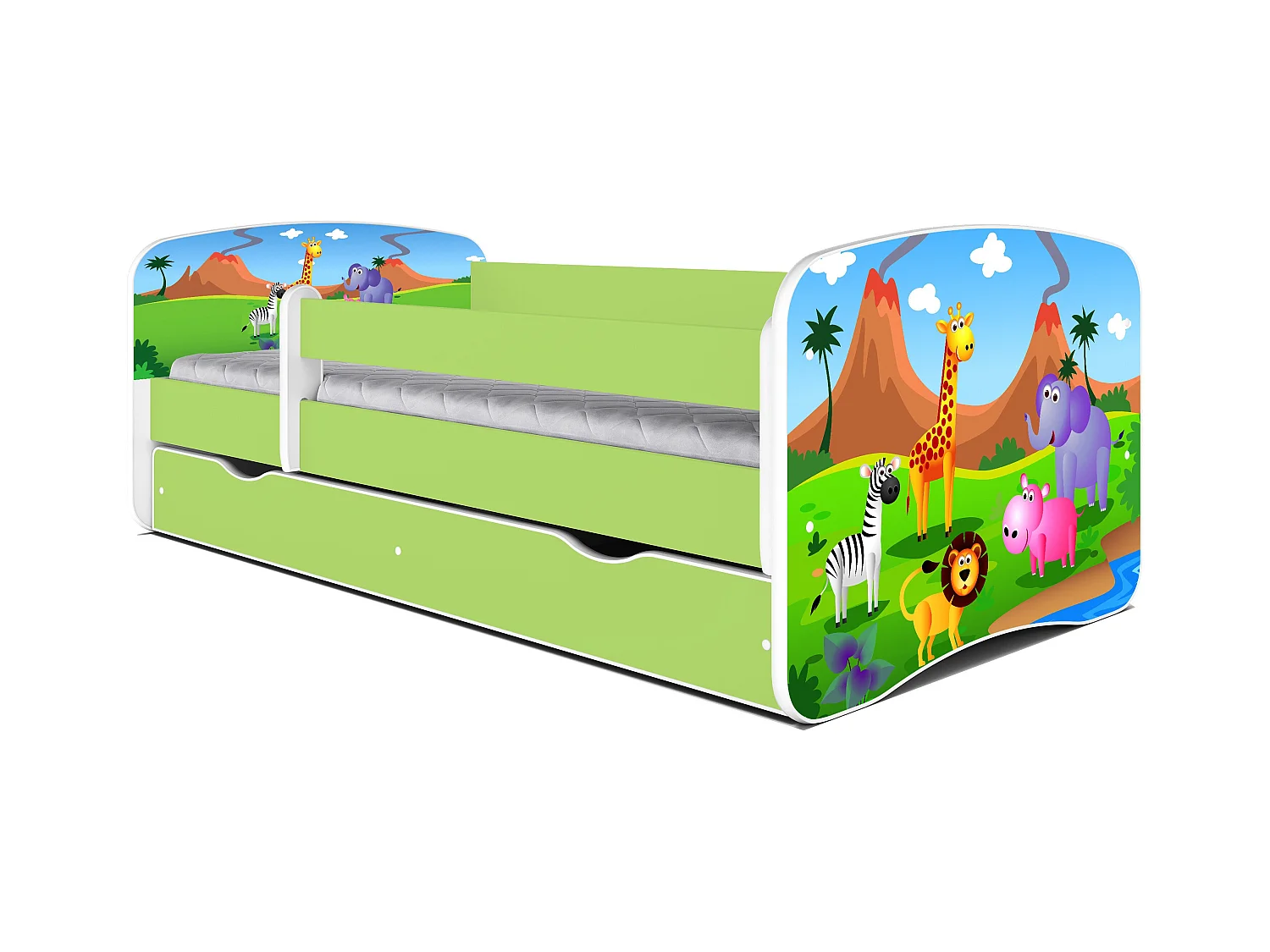Lit enfant vert Safari avec sommiers et barrière de sécurité amovible Drimy-80x180-Tiroirs Avec tiroir