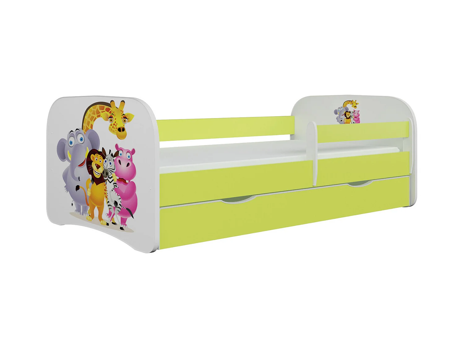 Cama infantil Zoo verde con somieres y barrera de seguridad extraíble Drimy-Colchones de espuma-Ropa de cama 70x140 cm-Cajones Con cajón