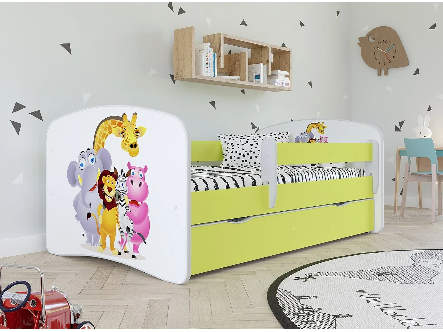 Cama infantil Zoo verde con somieres y barrera de seguridad extraíble Drimy-Colchones de espuma-Ropa de cama 70x140 cm-Cajones Con cajón