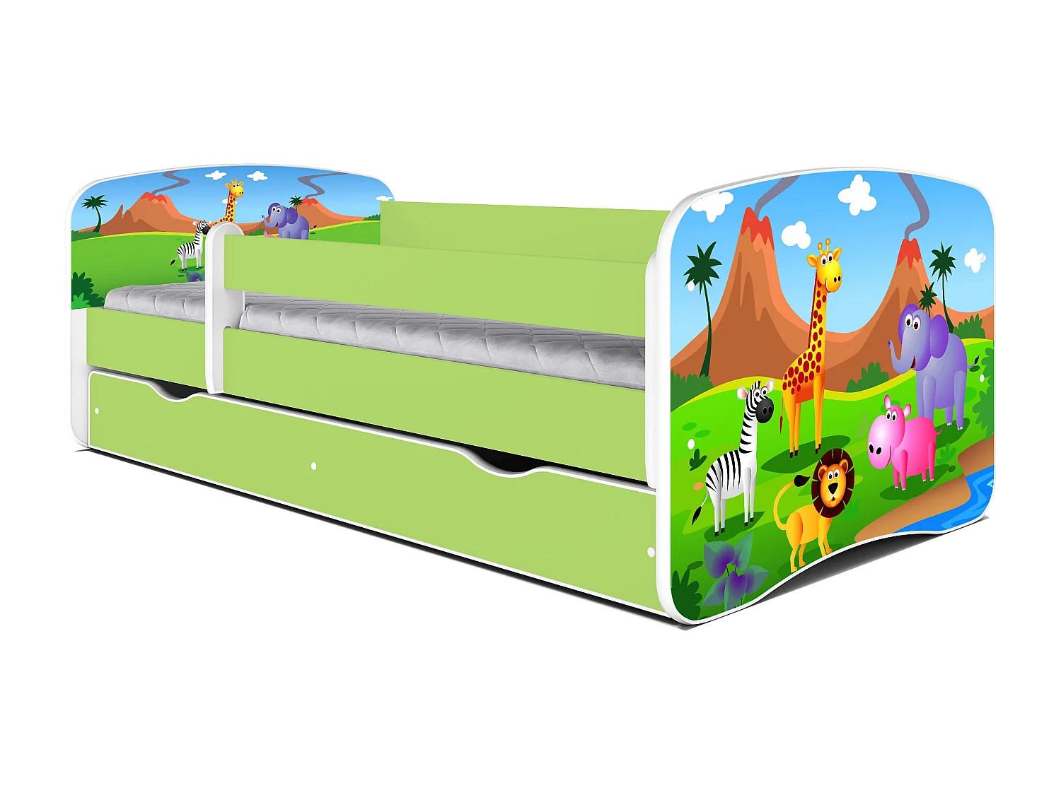 Lit enfant vert Safari avec sommiers et barrière de sécurité amovible Drimy-70x140