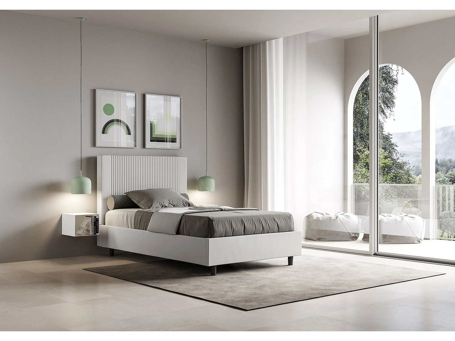 Cama moderna con cabecero de rayas verticales acolchado en símil piel Bazen-Color Blanco-Ropa de cama 90x190 cm-Opción Con base y caja