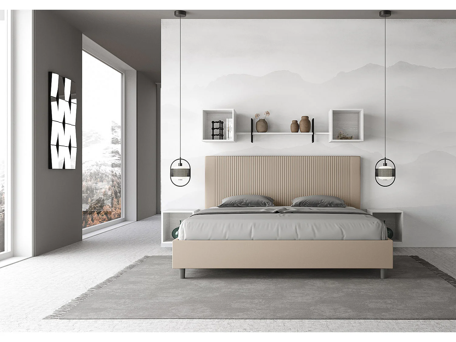 Modern bed met verticaal gestreept hoofdeinde, doorgestikt met kunstleer Bazen-Kleur Beige-Slapen 180x200cm-Keuze Met kofferbak