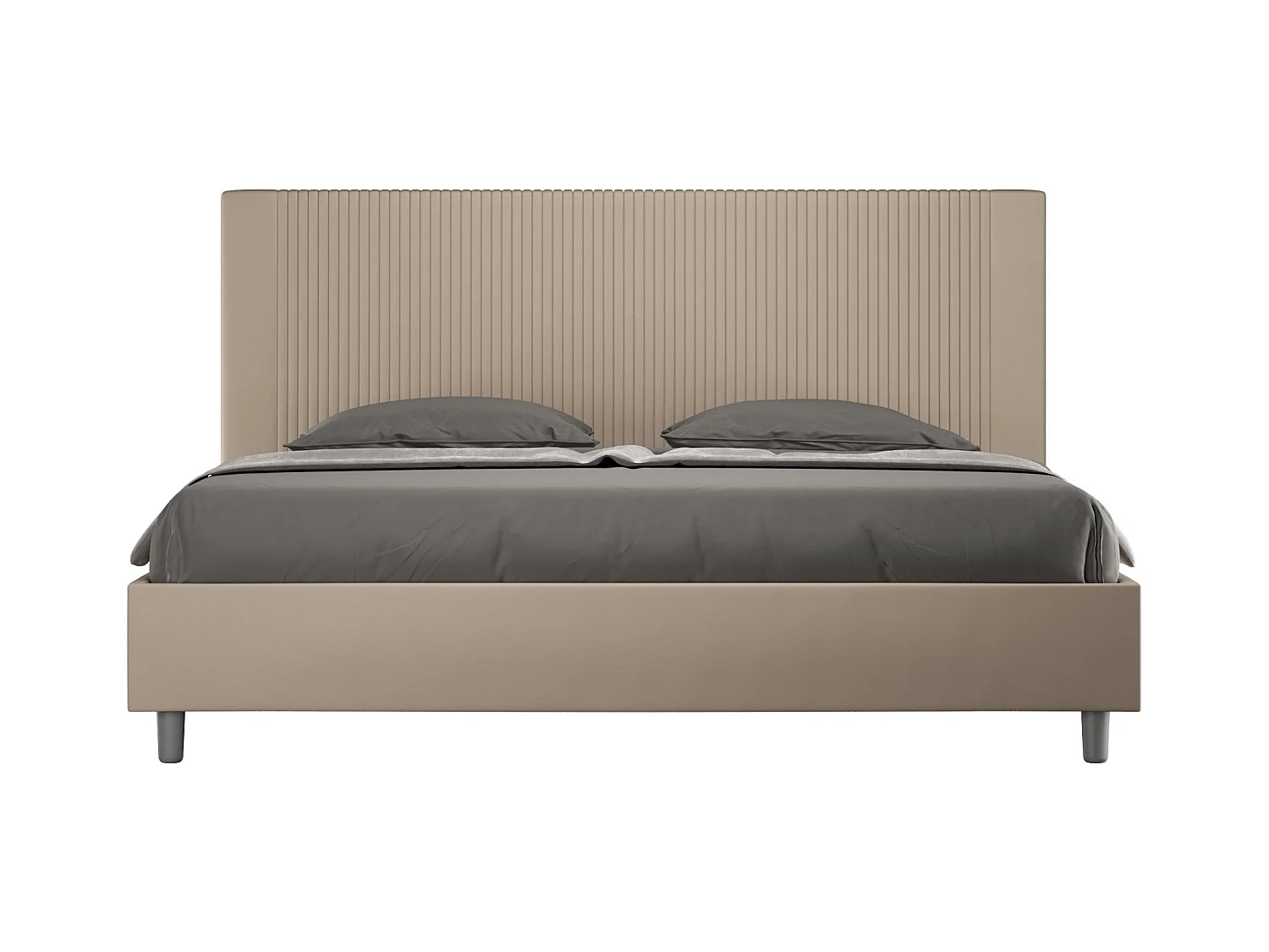 Lit moderne avec tête de lit rayures verticales matelassé simili cuir Bazen-Couleur Beige-180x200-Option Avec coffre