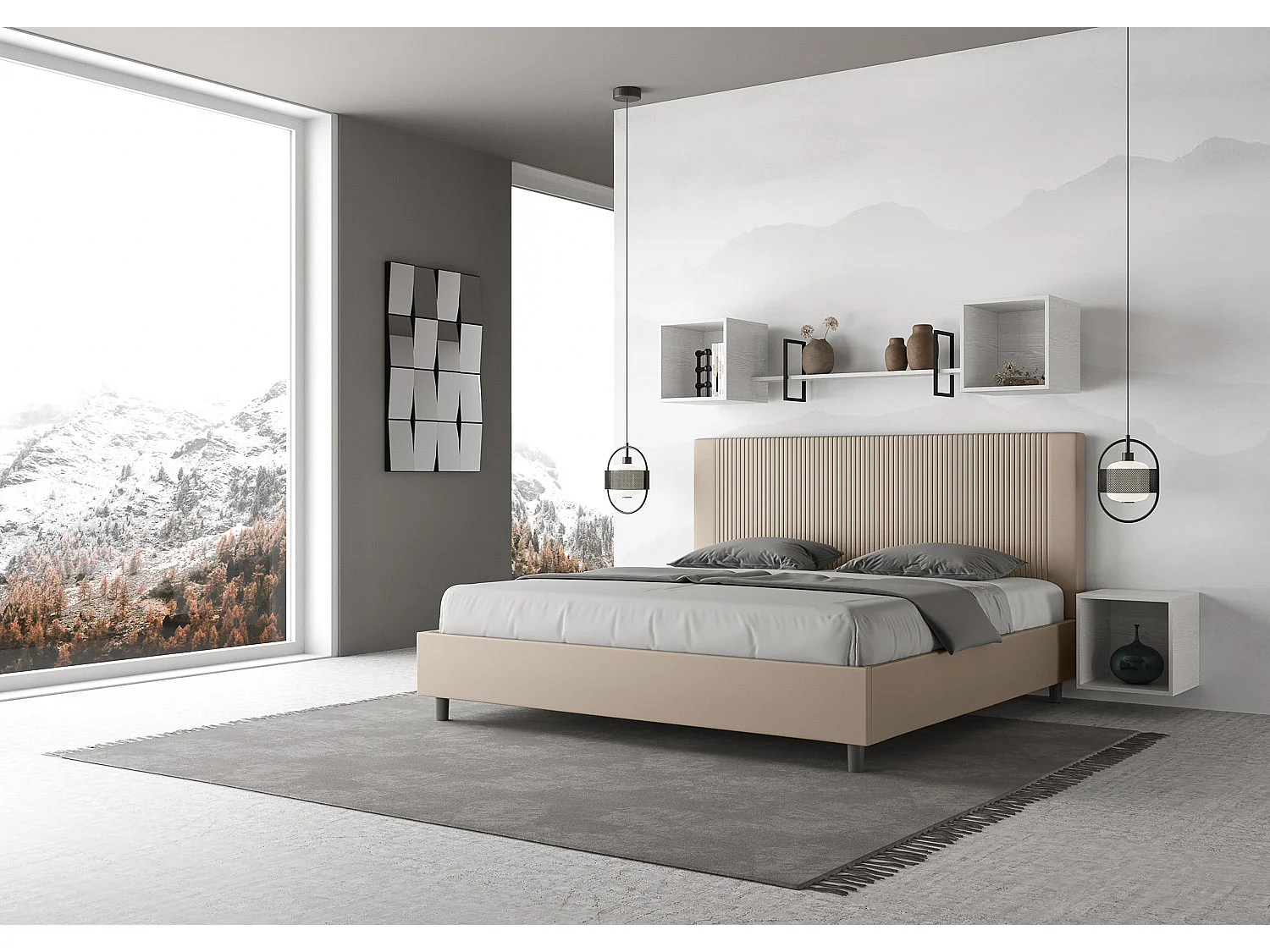 Lit moderne avec tête de lit rayures verticales matelassé simili cuir Bazen-Couleur Beige-180x200-Option Avec coffre