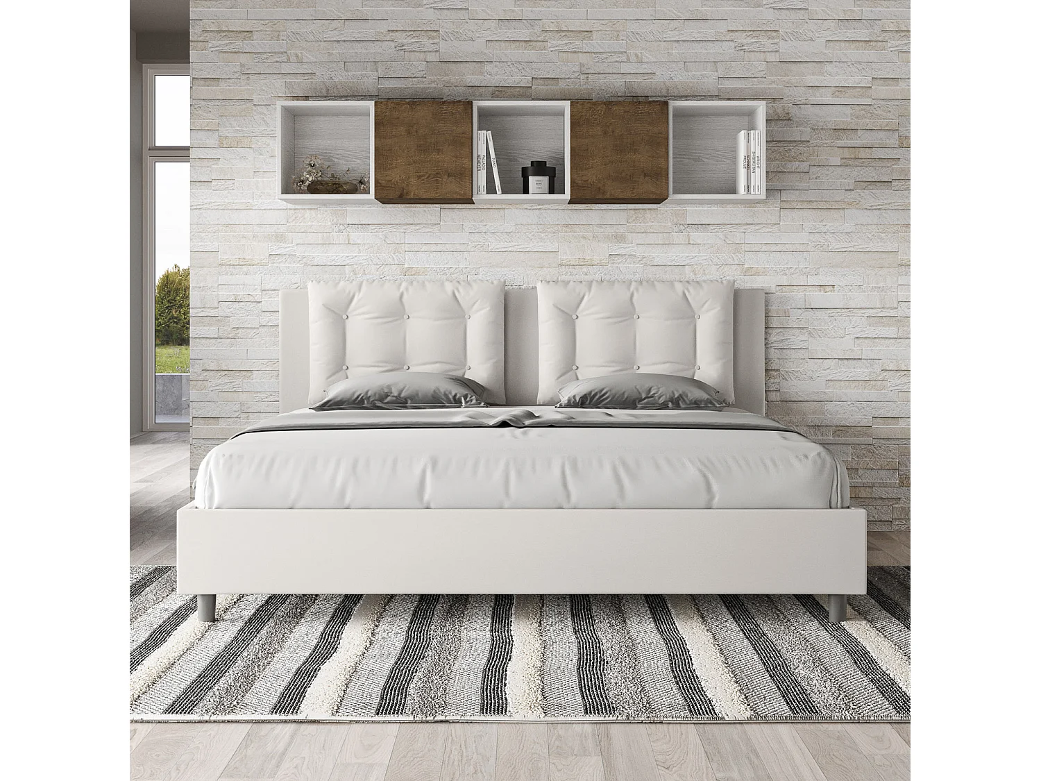 Gepolstertes Bett mit Bettkasten 200x200  mit Kunstlederbezug Weiß Annalisa