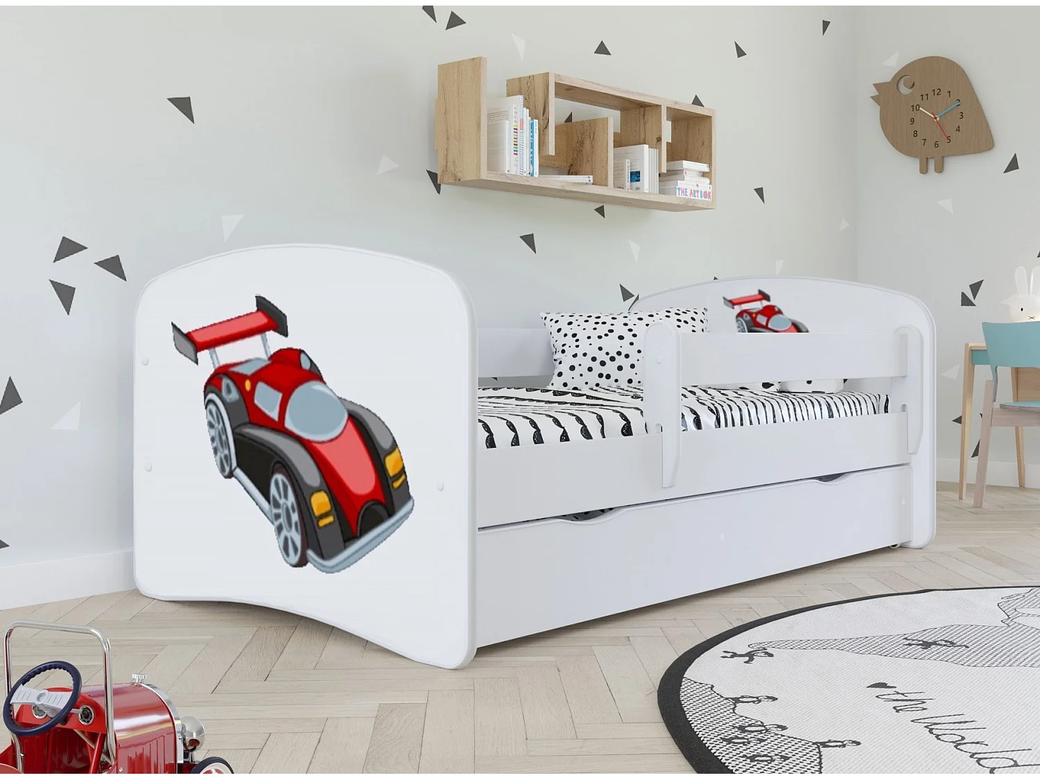 Cama infantil automotriz con somieres y barrera de seguridad extraíble Drimy-Ropa de cama 70x140 cm-Cajones Con cajón