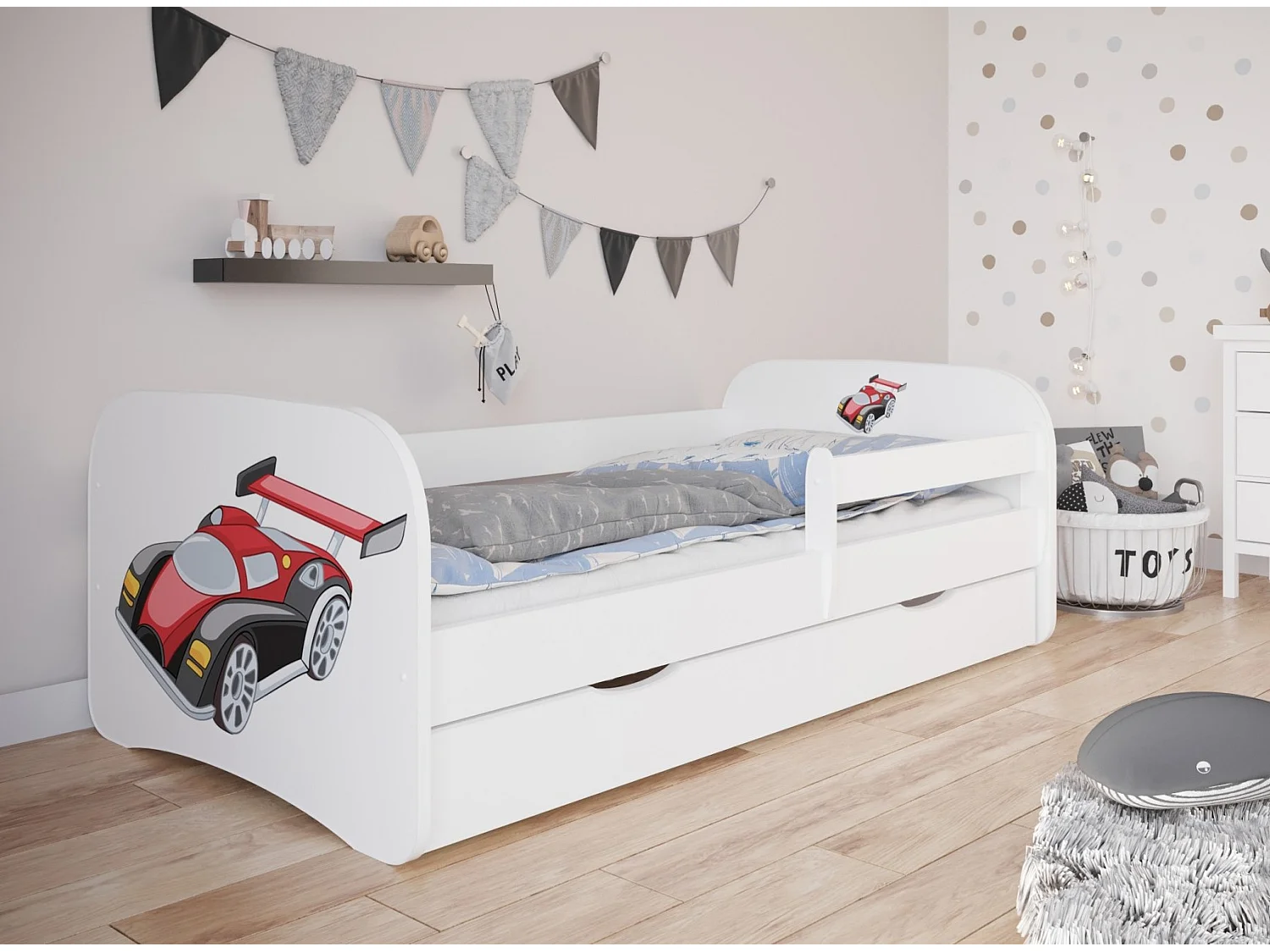 Cama infantil automotriz con somieres y barrera de seguridad extraíble Drimy-Ropa de cama 70x140 cm-Cajones Con cajón