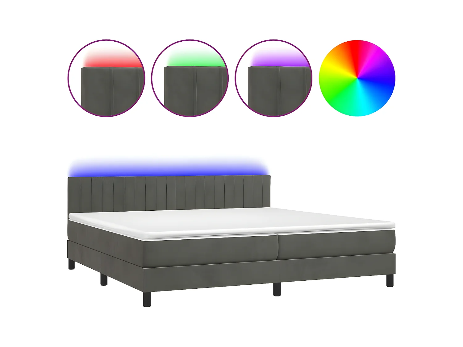 Lit à sommier tapissier matelas et LED Gris foncé 200x200 Velours 2