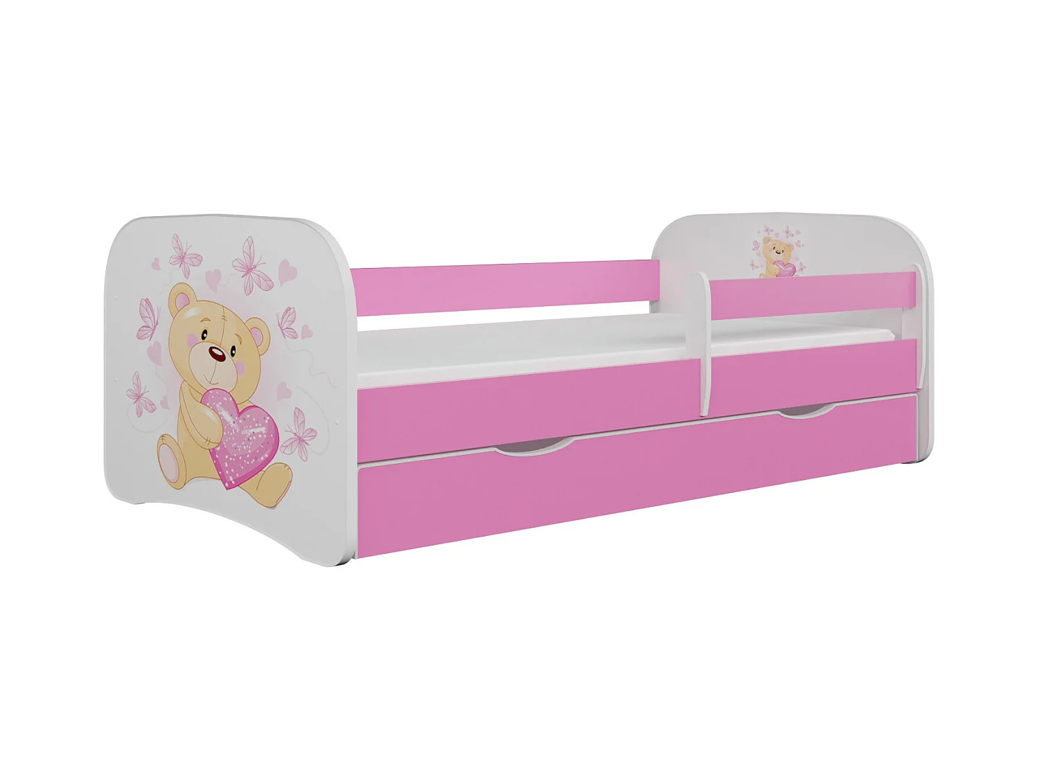 Lit enfant rose papillons avec sommiers et barrière de sécurité amovible Drimy-Matelas mousse-70x140