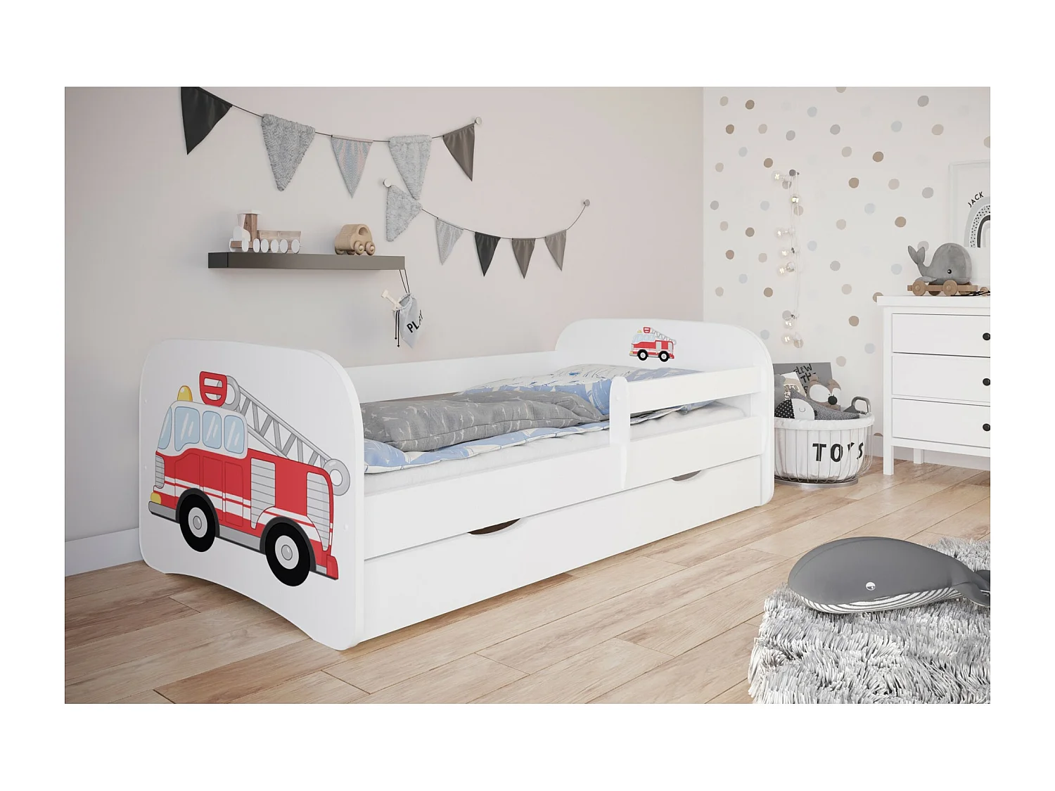 Cama infantil camión de bomberos con somieres y barrera de seguridad extraíble Drimy-Colchones de espuma-Ropa de cama 70x140 cm