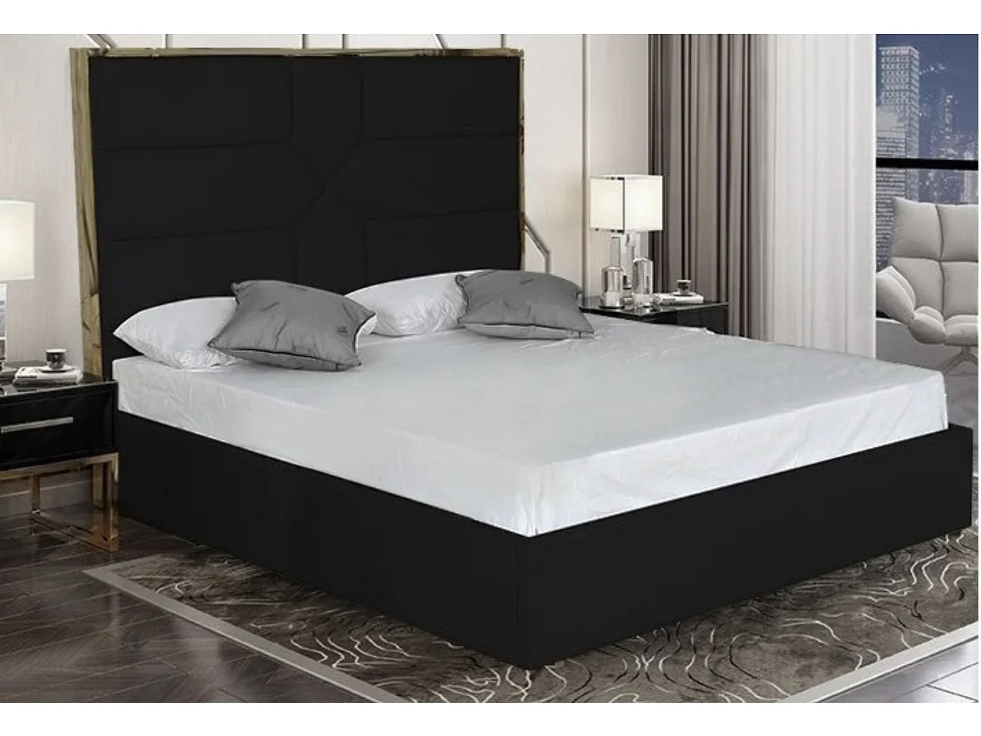 Lit design 2 places simili cuir avec tête de lit contour laiton Delhie-Couleur Noir-140x190