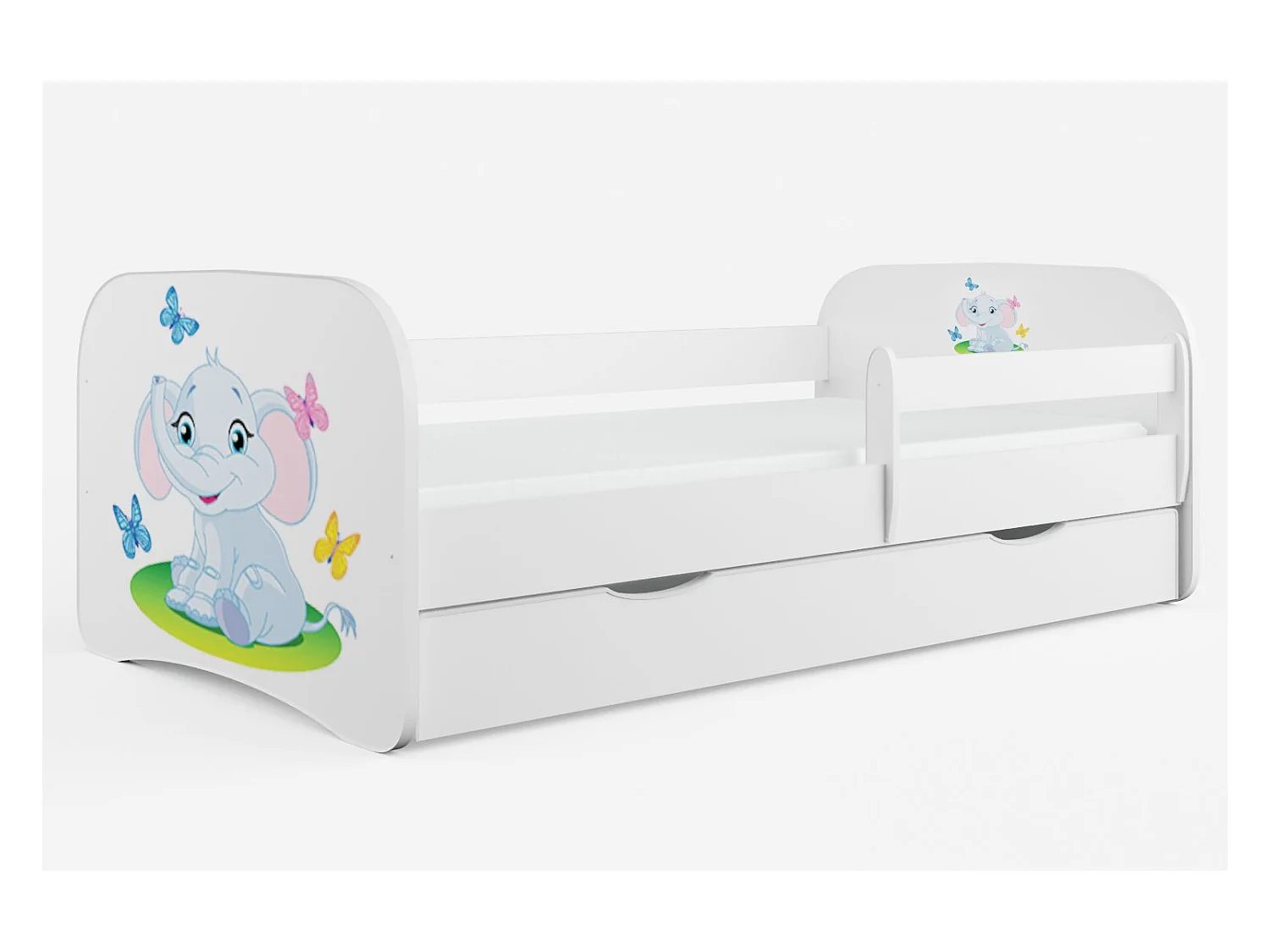 Cama infantil pequeña elefante con somieres y barrera de seguridad extraíble Drimy-Ropa de cama 70x140 cm
