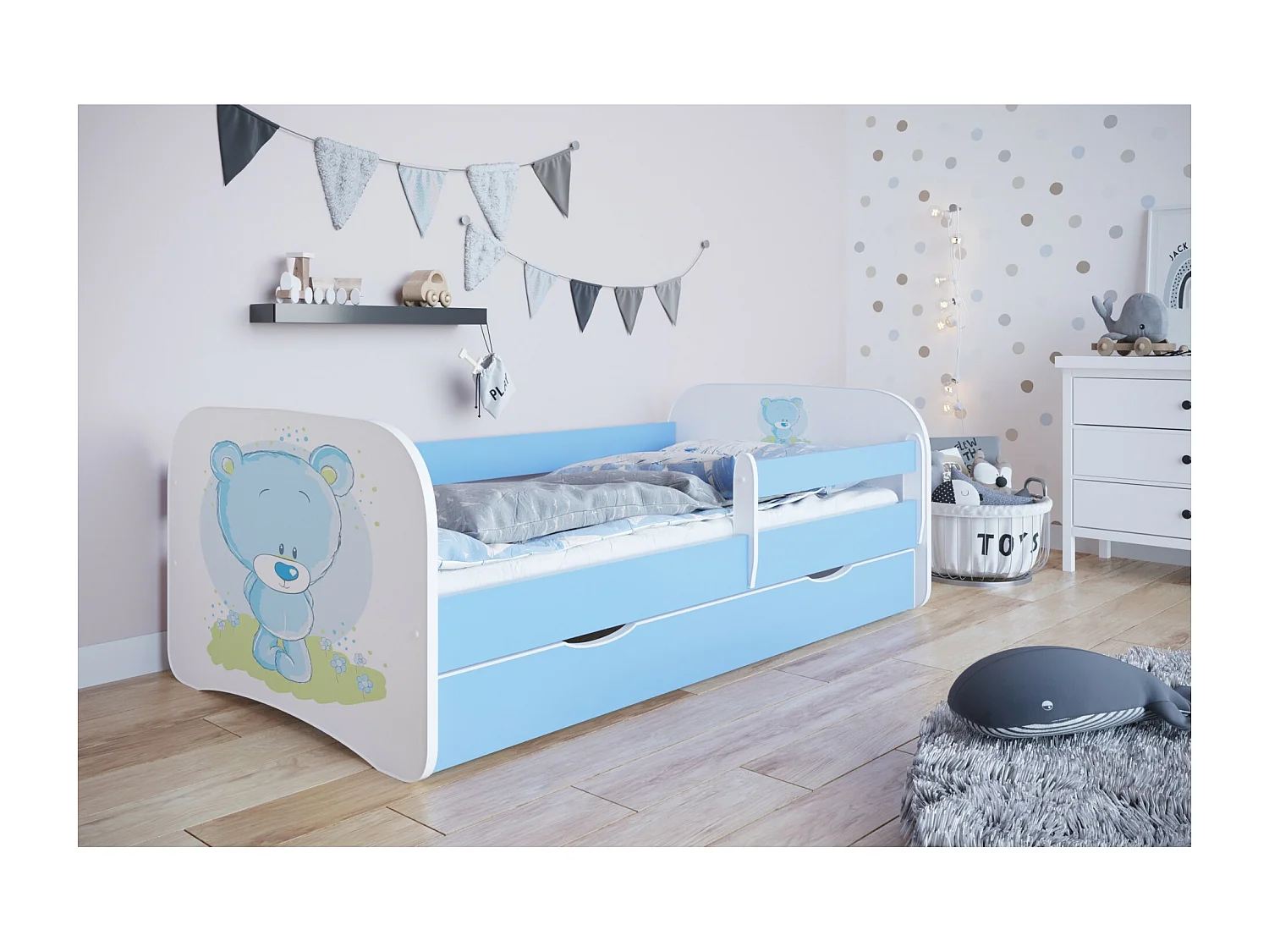 Cama infantil osito azul con somieres y barrera de seguridad extraíble Drimy-Ropa de cama 80x180 cm-Cajones Con cajón