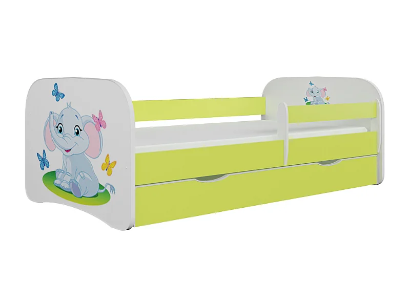 Cama infantil pequeña elefante verde con somieres y barrera de seguridad extraíble Drimy-Colchones de espuma-Ropa de cama 70x140 cm-Cajones Con cajón