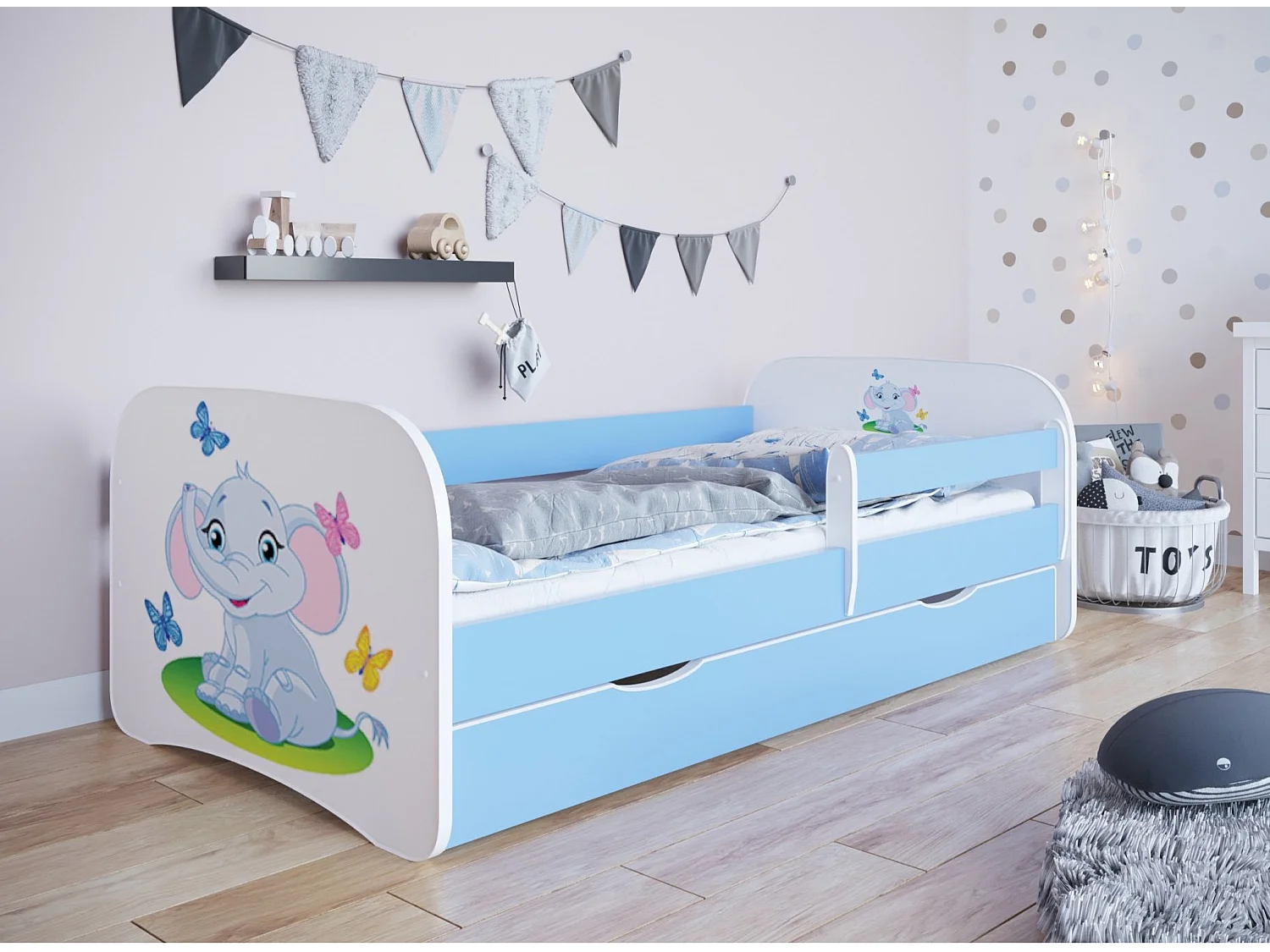 Blauw olifanten kinderbedje met boxsprings en afneembaar veiligheidshek Drimy-Zonder matras-Slapen 70x140cm-Laden Met lade