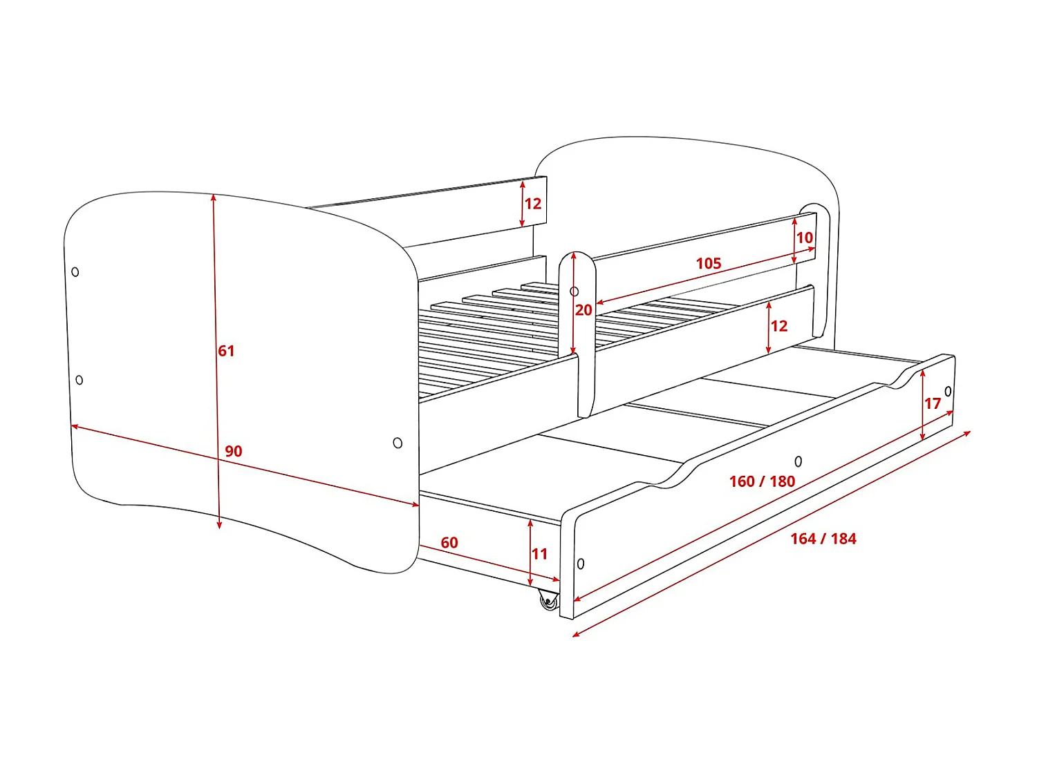 Cama infantil automotriz con somieres y barrera de seguridad extraíble Drimy-Ropa de cama 80x160 cm-Cajones Con cajón