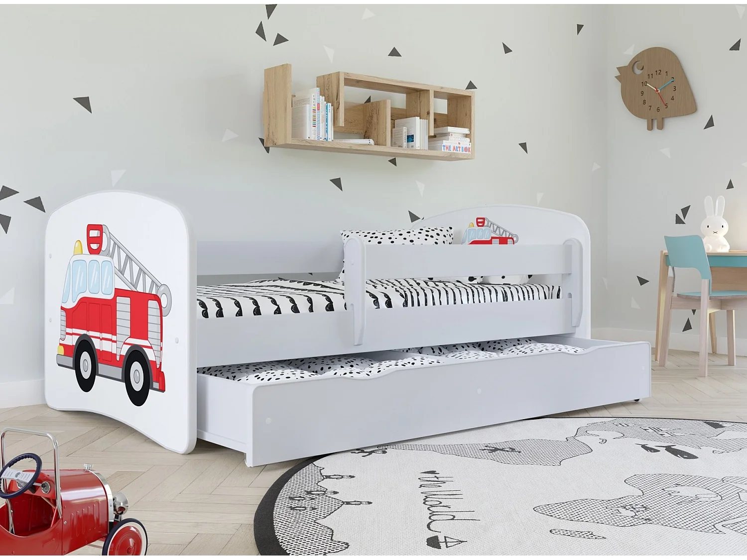 Klein dinosaurus kinderbedje met boxsprings en afneembaar veiligheidshek Drimy-Zonder matras-Slapen 80x180cm-Laden Met lade