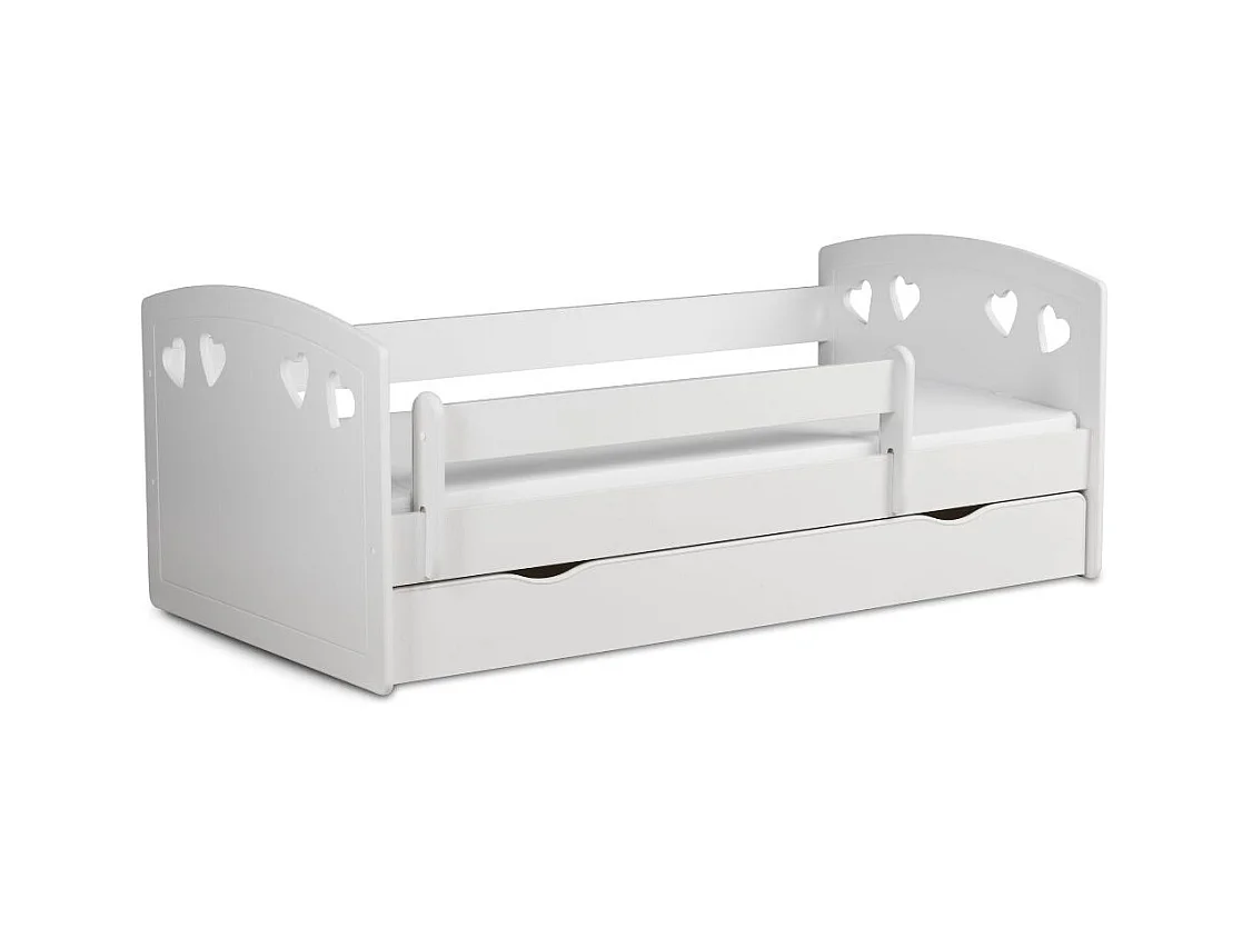 Lit orné de cœurs avec barrière de sécurité amovible blanc Myra-Matelas mousse-80x180