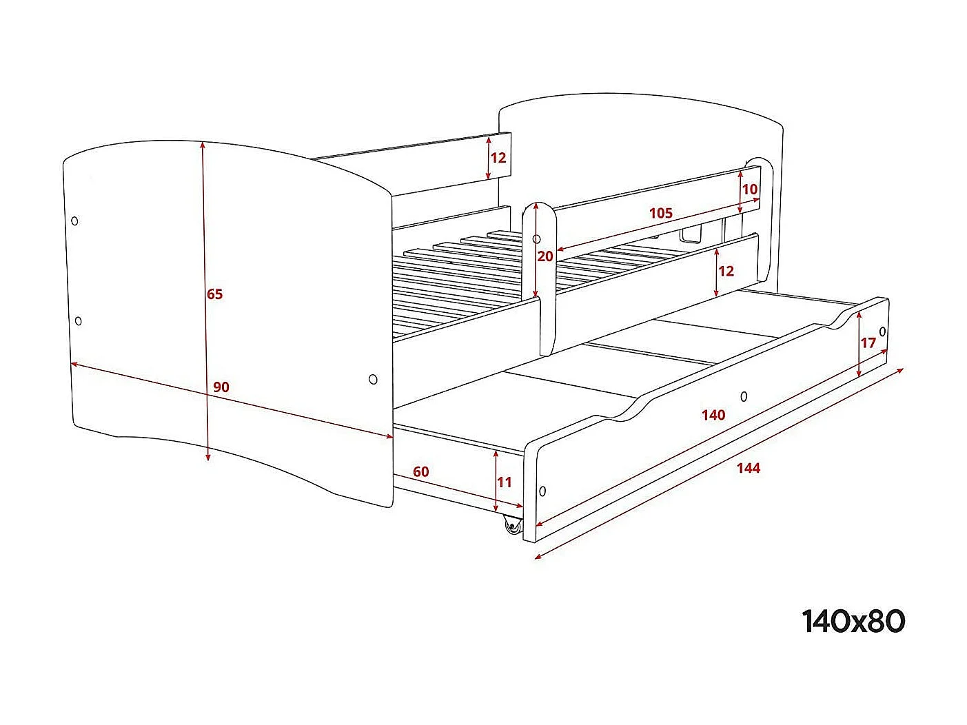 Bed gedecoreerd met hartjes met afneembare beugel wit Myra-Schuim matras-Slapen 80x180cm-Laden Zonder lade
