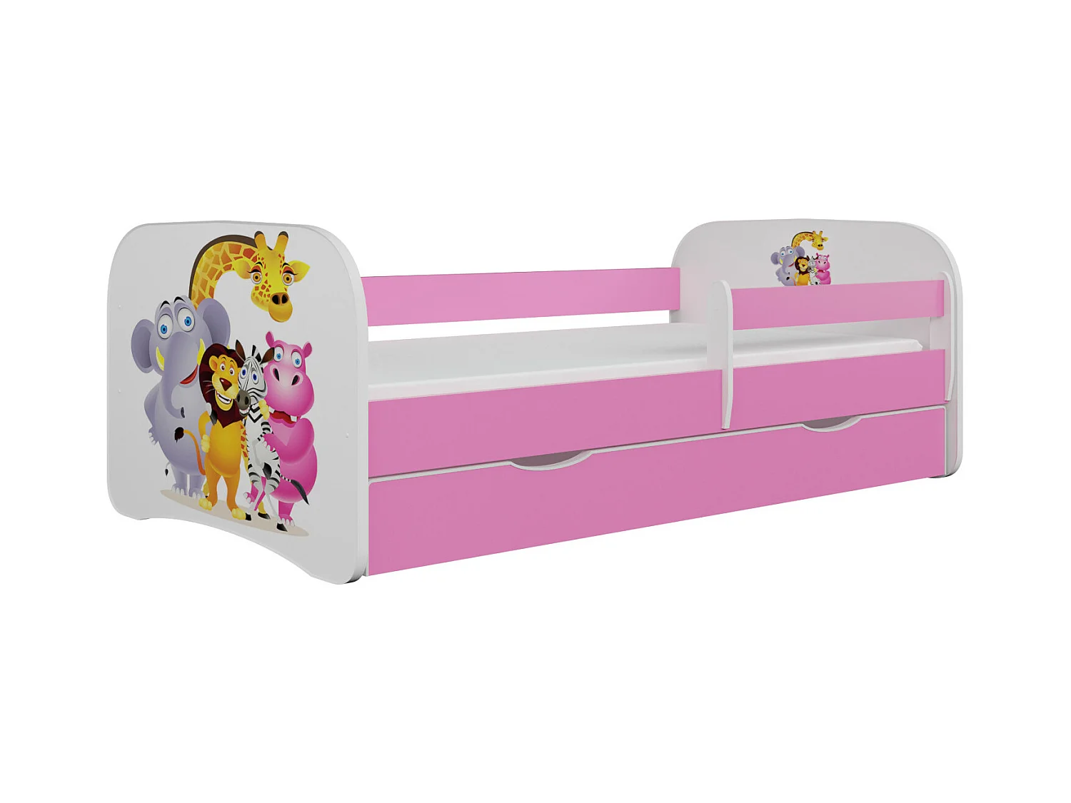 Lit enfant rose Zoo avec sommiers et barrière de sécurité amovible Drimy-Matelas mousse-70x140