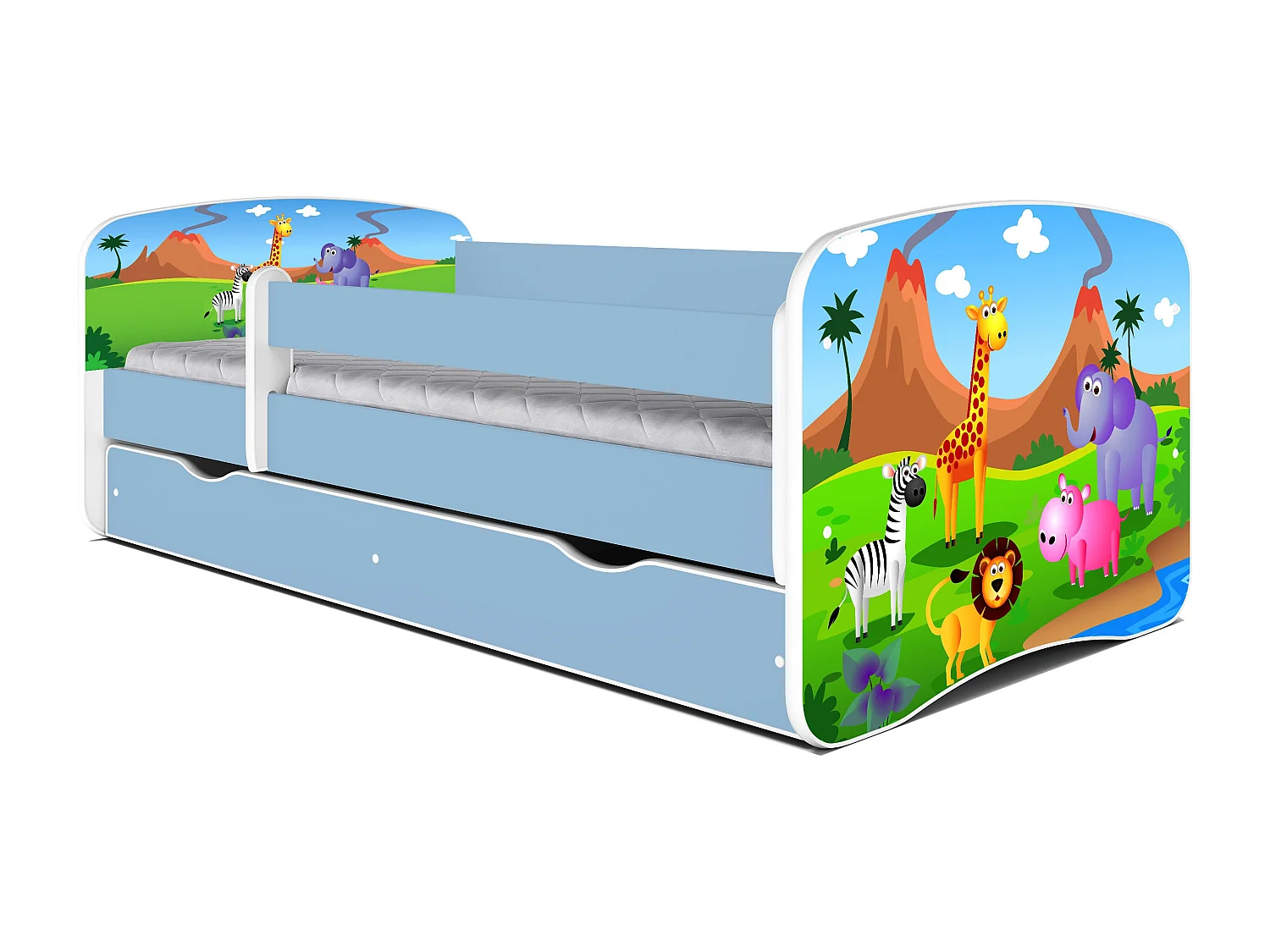 Cama infantil Safari azul con somieres y barrera de seguridad extraíble Drimy-Colchones de espuma-Ropa de cama 80x160 cm-Cajones Con cajón