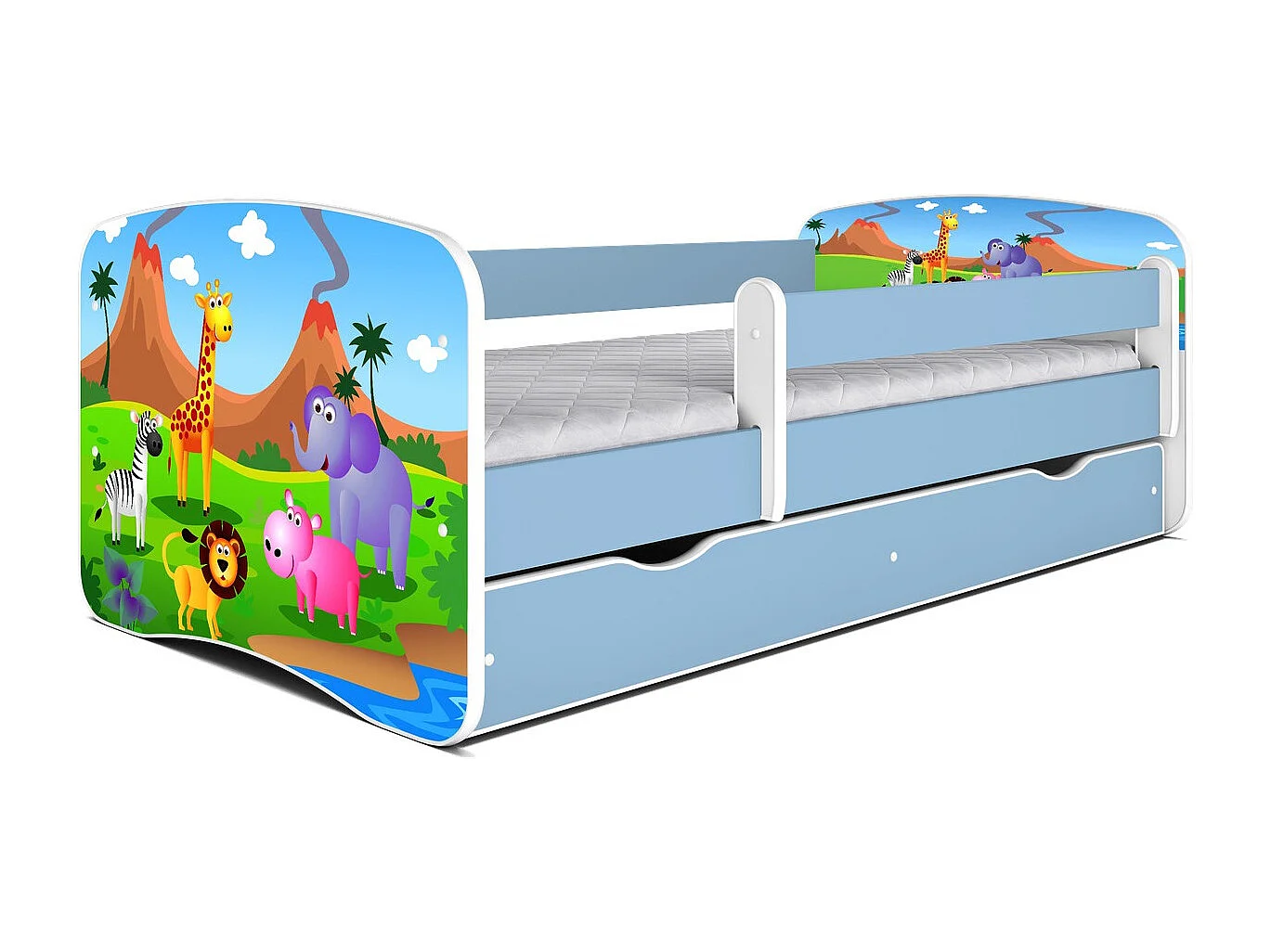 Lit enfant bleu Safari avec sommiers et barrière de sécurité amovible Drimy-Matelas mousse-80x160-Tiroirs Avec tiroir
