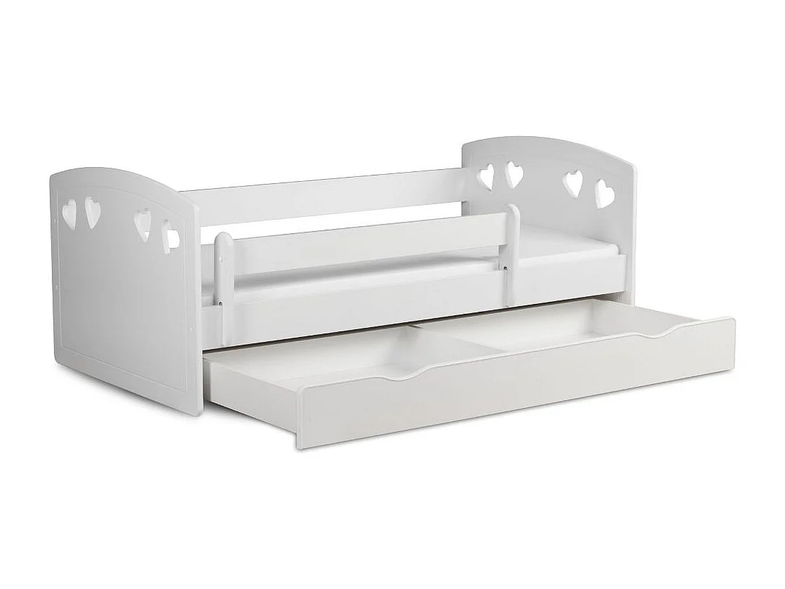 Lit orné de cœurs avec barrière de sécurité amovible blanc Myra-Matelas mousse-80x180-Tiroirs Avec tiroir