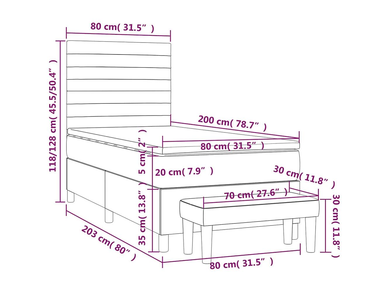Lit à sommier tapissier et matelas Noir 80x200 Tissu 9
