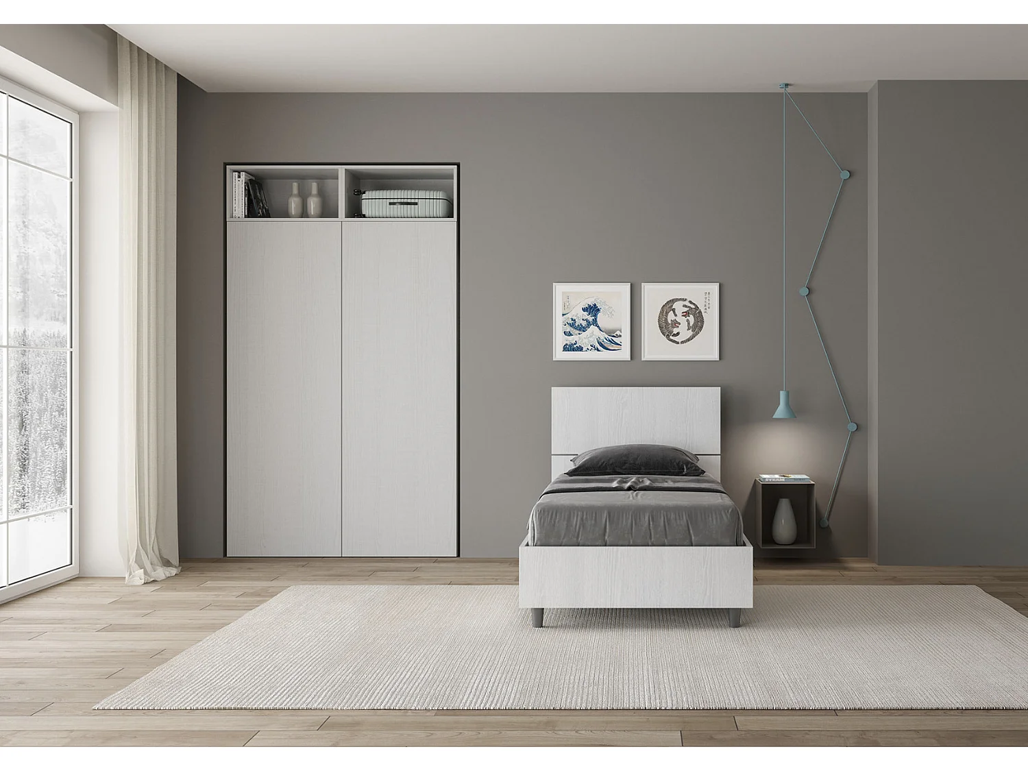 Renoma houten bed met schuin hoofdbord-Kleur Wit-Slapen 80x200cm-Versie met boxspring