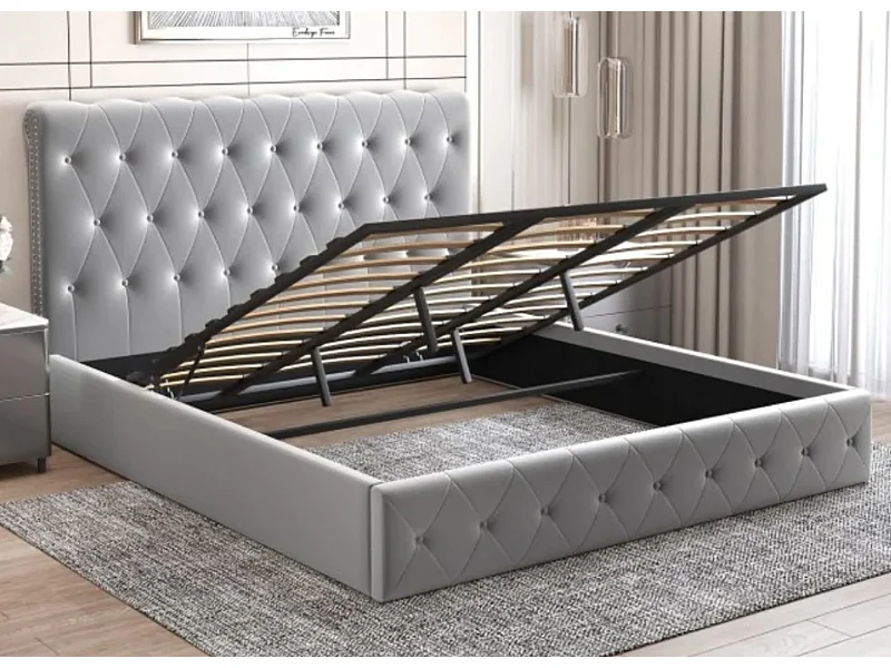 Lit coffre 1 place capitonné velours gris Korzi 90x190