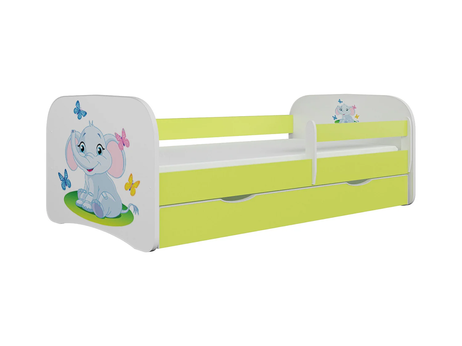 Cama infantil pequeña elefante verde con somieres y barrera de seguridad extraíble Drimy-Ropa de cama 70x140 cm-Cajones Con cajón
