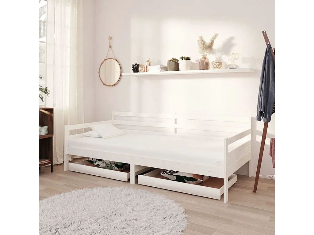 Lit avec tiroirs 90x200 Blanc Bois de pin massif 4