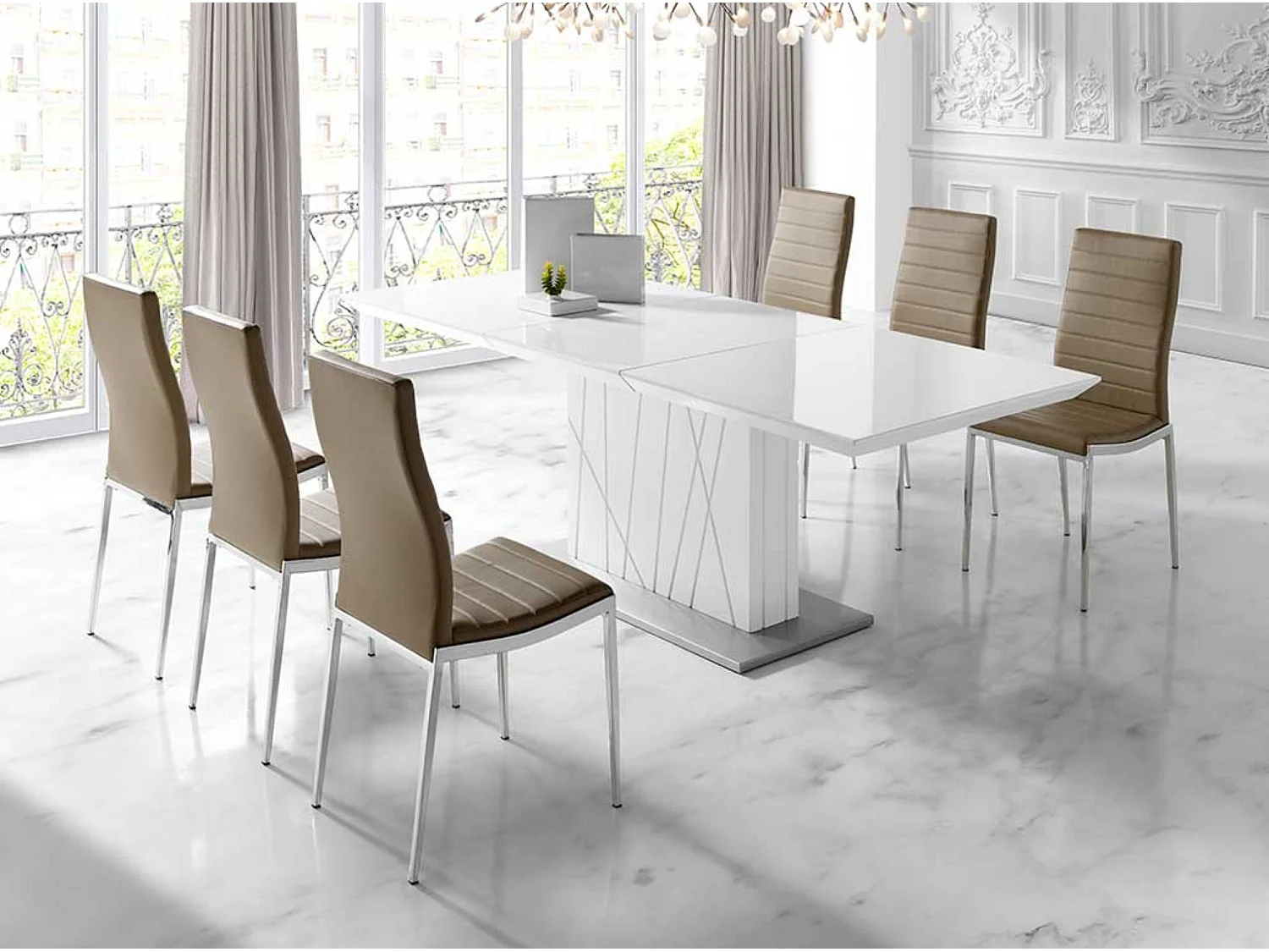 Mesa de comedor extensible de diseño Cesar lacada en blanco con patas de acero blanco 160 a 220 cm
