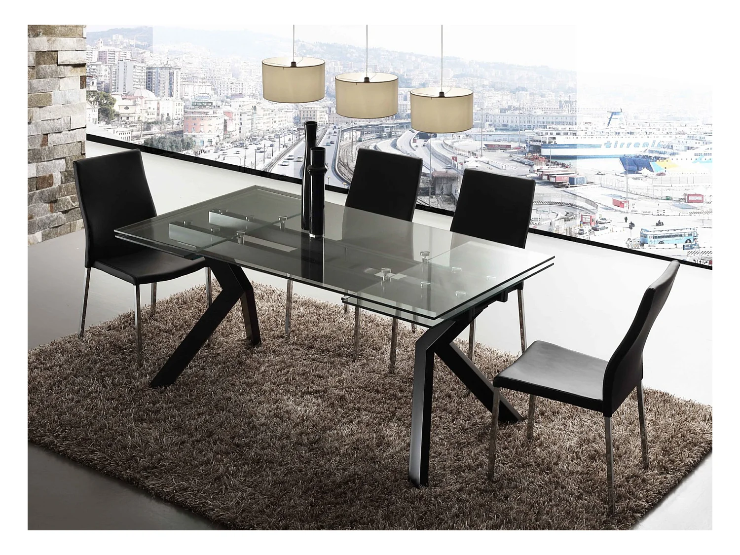Table extensible 160-240cm pieds laqué noir et plateau verre trempé Kiota