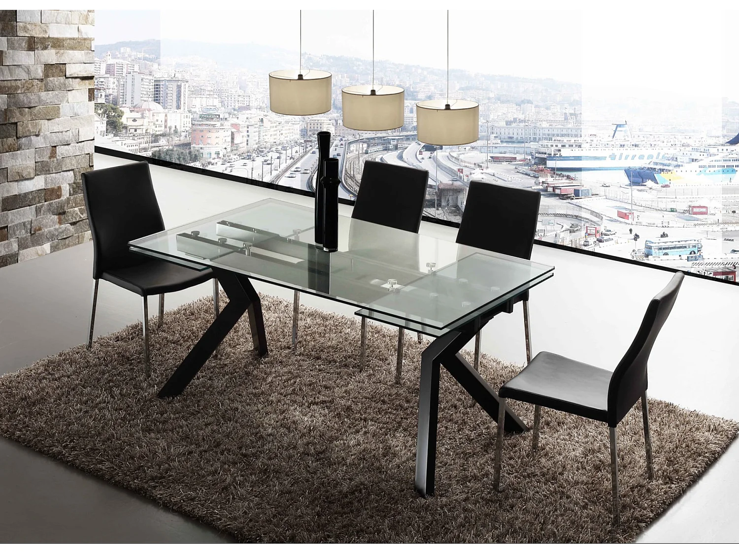 Table extensible 160-240cm pieds laqué noir et plateau verre trempé Kiota