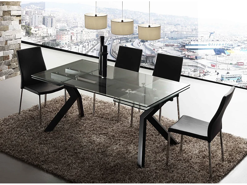 Table extensible 160-240cm pieds laqué noir et plateau verre trempé Kiota