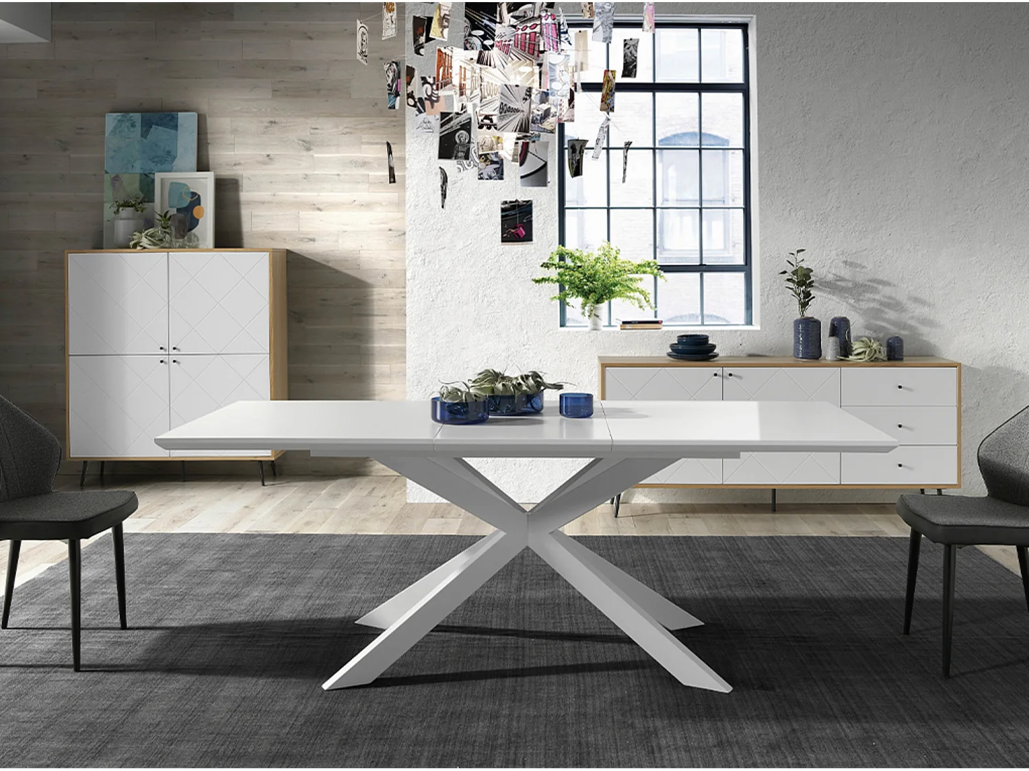 Table à manger design extensible blanc mat et pieds métal blanc Reina 160 à 210cm