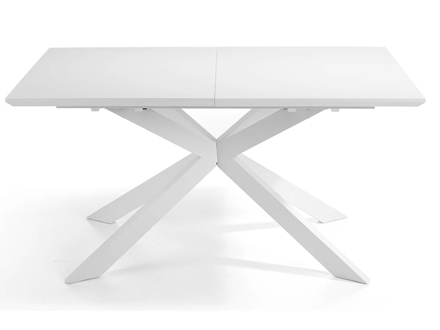 Designer uitschuifbare mat witte eettafel en wit metalen poten Reina 160 tot 210 cm