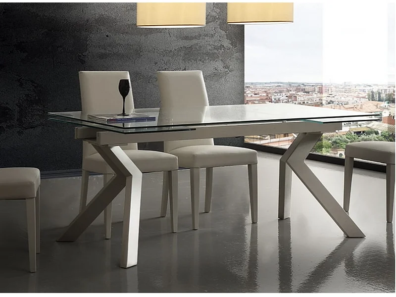 Table extensible 160-240cm pieds laqué beige et plateau verre trempé Kiota