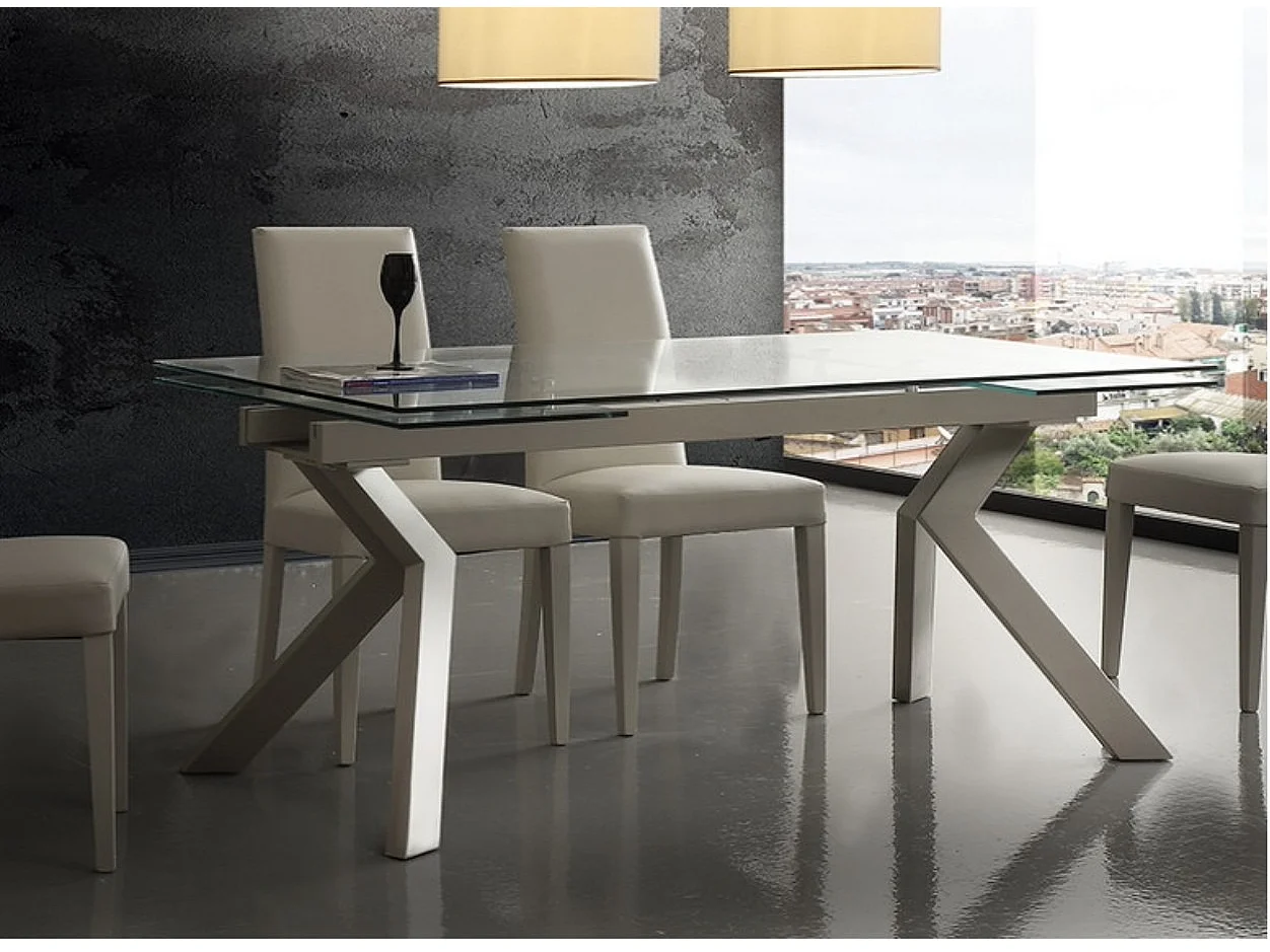 Table extensible 160-240cm pieds laqué beige et plateau verre trempé Kiota