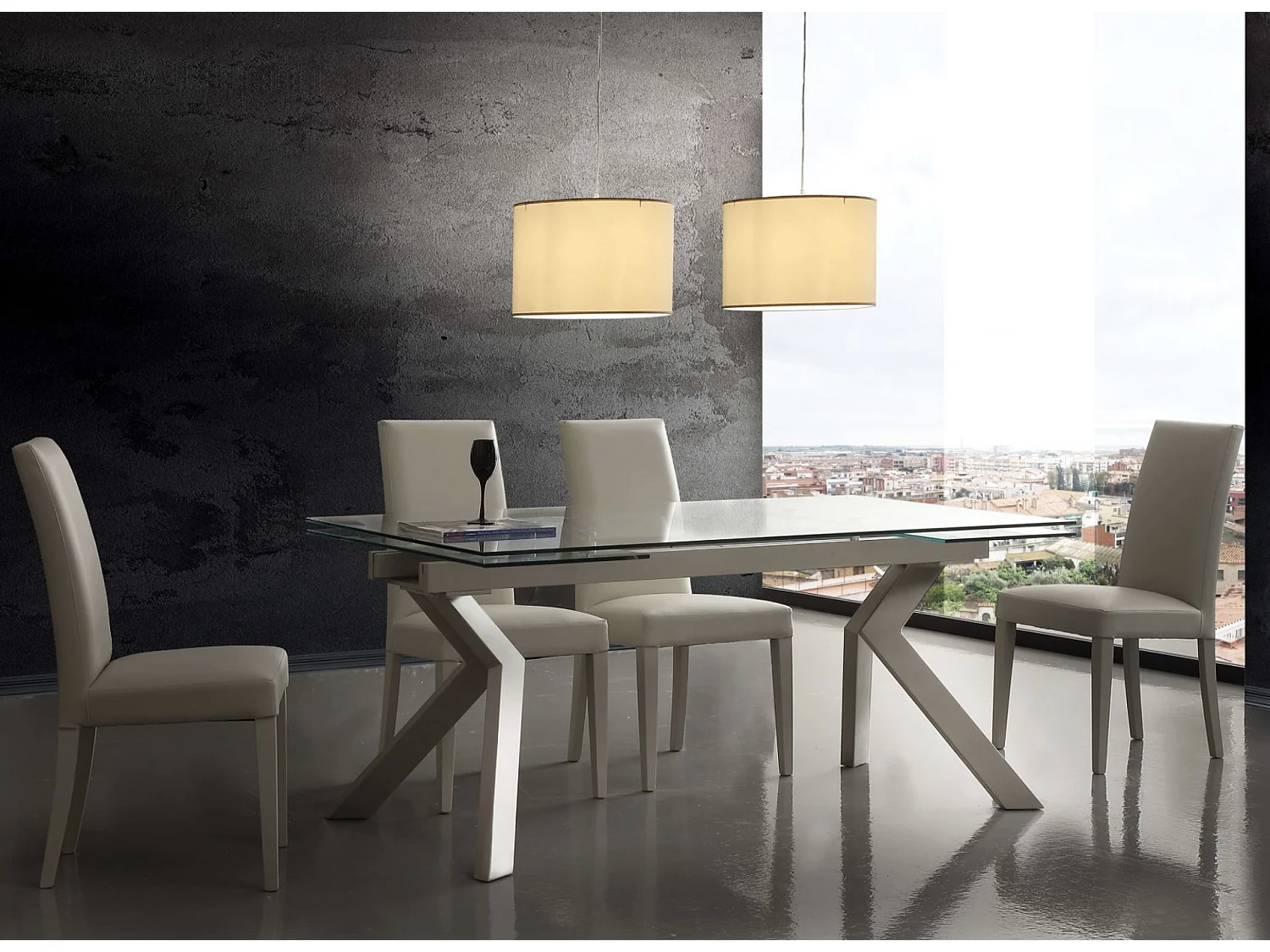 Table extensible 160-240cm pieds laqué beige et plateau verre trempé Kiota