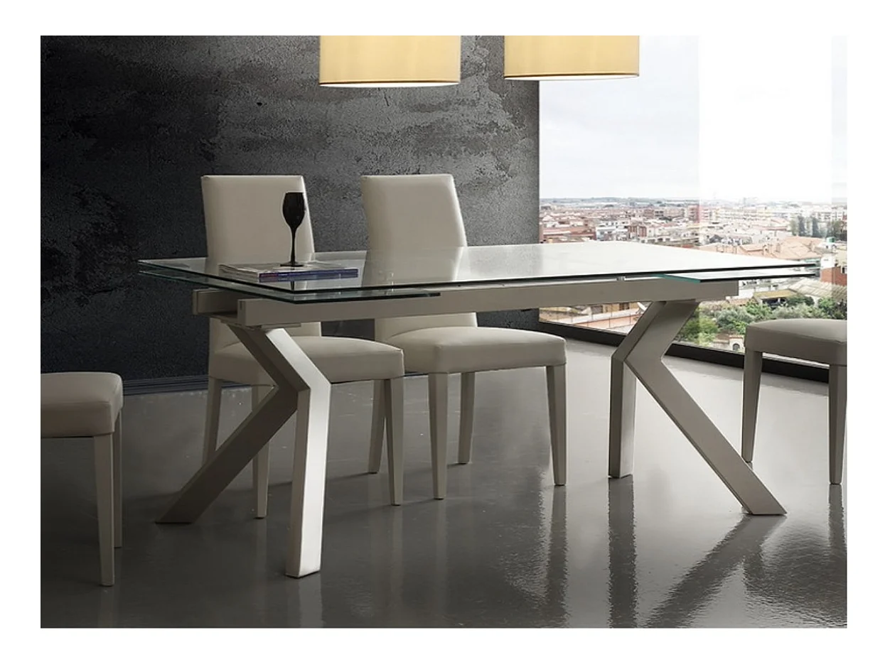 Table extensible 160-240cm pieds laqué beige et plateau verre trempé Kiota